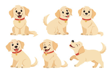Cute and funny puppy character set featuring cheerful golden dogs with big eyes, wagging tails, and red collars