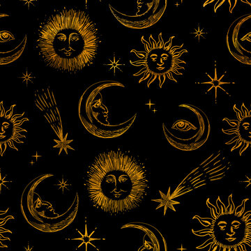 Seamless vintage-style patterns featuring mystical hand-drawn elements such as celestial bodies, flowers, mythical creatures, and sacred symbols. Perfect for textiles, packaging, branding, and spiritu