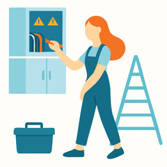 Flat Style Electrician Checking Electrical Cabinet with Tools Illustration
