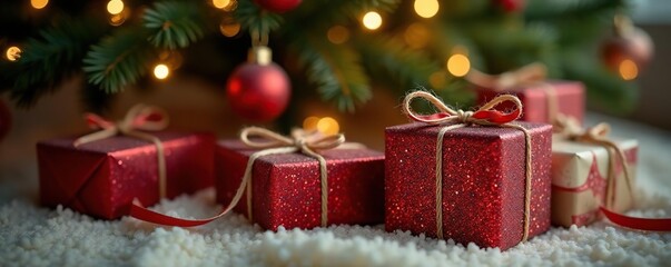 Glittery gift boxes tied with twine beneath a Christmas tree's boughs , ribbon, xmas gifts, pine