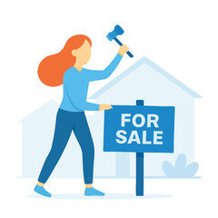 Flat Design Woman Hitting For Sale Sign with Hammer Illustration