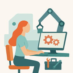 Flat Illustration of a Female Engineer Working on a Robotic Arm Project