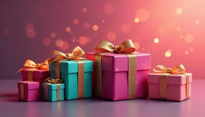 Vibrant gift boxes, gold accents, ethereal glow, festive, close up
