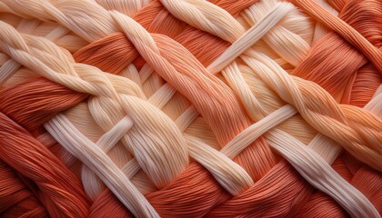 interwoven threads in muted terracotta sandy beige and soft ivory form an intricate lattice pattern against a gradient transitioning from