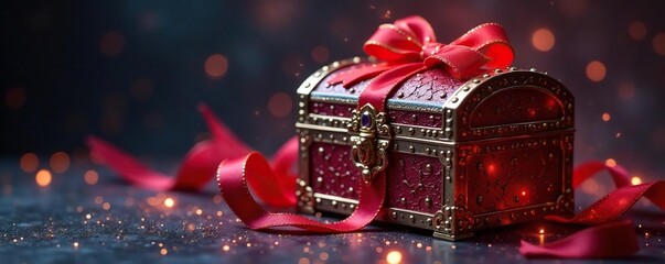 Ornate chest, glowing presents, velvet ribbons, mystical shimmer, vintage, light, antique