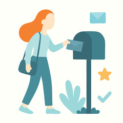 Flat Illustration of Woman Posting Letter in Mailbox Public Service