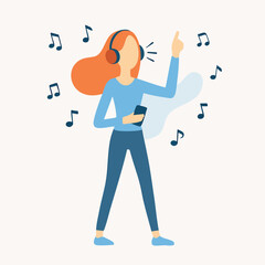 Flat Illustration Woman Listening Music with Headphone and Dancing Lifestyle