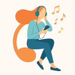 Flat Illustration Young Woman Listening Music with Headphone and Music Note