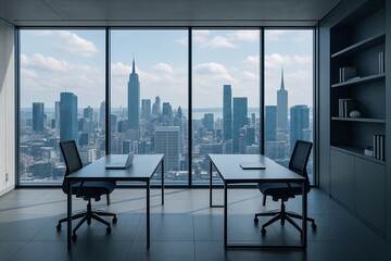 Modern corporate office interior with minimalist furniture and panoramic windows showcasing stunning city skyline view, representing success, productivity, and urban lifestyle

