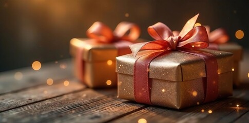 Several shiny gift boxes, rustic twine, gentle light , gift, vintage