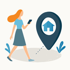 Flat Style Woman Walking with Phone Beside Location Pointer Real Estate