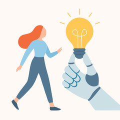 Modern Flat Illustration of Woman Walking Towards Robot Hand Holding Bulb Concept