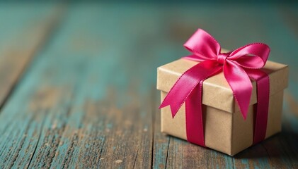 Small, charming gift boxes tied with colorful satin bows rest on weathered wood , detail, close-up