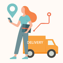 Flat Style Mobile Delivery Woman and Truck Illustration on White Background