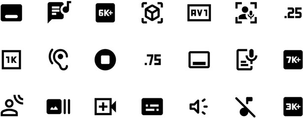 Minimalist black-and-white vector video player icons in brush-like SVG style, 20 thin high-res symbols on clean background.