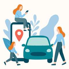 Flat Illustration People Using Ride Sharing App with Smart Phone