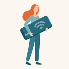 Modern Flat Style Woman Holding Internet Router Illustration