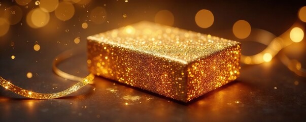 Intricate gold thread woven into glowing package , elegant, artisan, premium