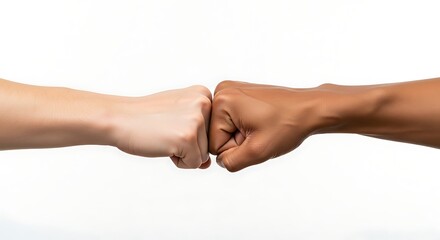 A close up of two fists bumping against each other on a white background shot