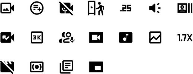 Black and white video icon set with filmstrip, open camera, and various size icons representing image types, featuring unique designs on white background.