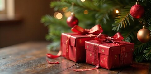 Ornate packages, shimmering ribbons, beneath decorated fir , shimmering, joy