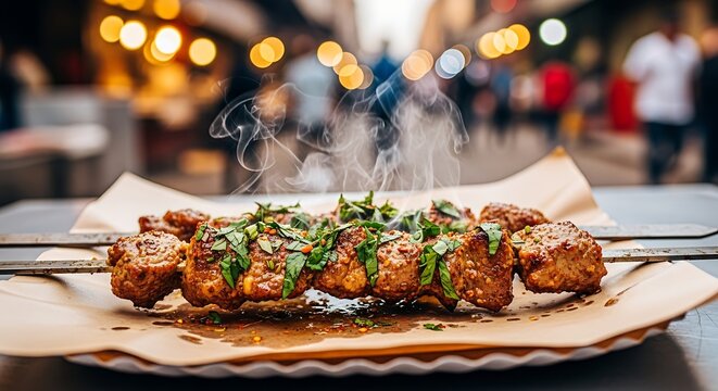 Close up shot of steaming meat skewers topped with herbs on a paper plate