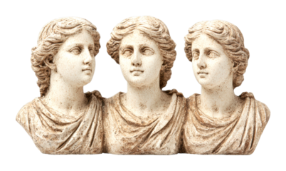 Artistic representation of three female busts museum exhibit sculpture indoor classic beauty isolated on transparent background