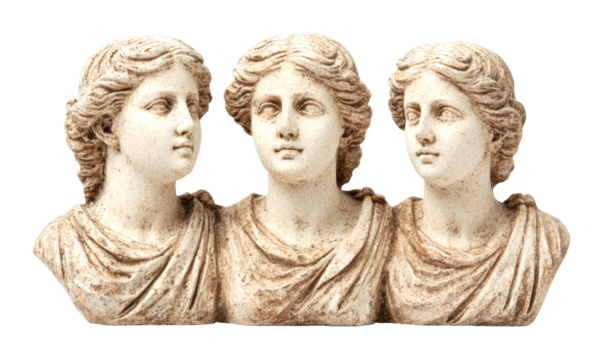 Artistic representation of three female busts museum exhibit sculpture indoor classic beauty isolated on transparent background
