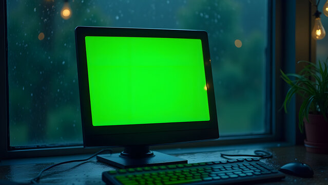 Desktop Computer with Green Screen on Rainy Day