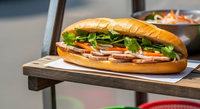 Close up shot of a banh mi sandwich with meat and vegetables on a wooden stand