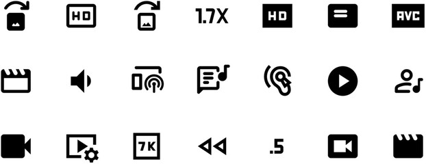 Minimalist black and white video editing icon set featuring clear, modern symbols for functions like no text and no PNGs in vector format