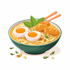 A bowl of ramen with noodles, boiled eggs, dumplings, and green leaves, served with chopsticks.