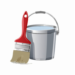 A paint brush rests beside a metallic bucket filled with liquid.