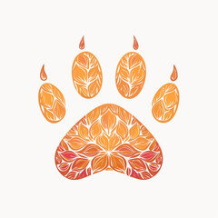 Artistic illustration of a paw print, filled with floral and leaf patterns in orange hues.