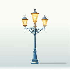 Illustration of a blue vintage street lamp with three glowing lanterns on a white background.