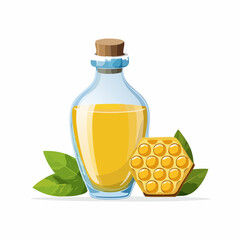 Honey in Glass Bottle with Honeycomb and Leaves