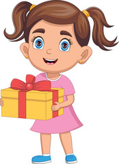 Happy little girl carrying gift box