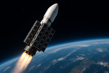 Obraz premium A rocket carrying multiple internet satellites, ready to orbit