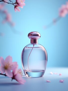 AI generated Glass elegant perfume bottle mockup on blue background with sakura blossom flowers. Glamour advertisement banner, copy space.
