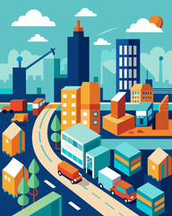 Obraz premium A bustling cityscape giving way to an endless expanse of warehouses and distribution centers.. Vector illustration