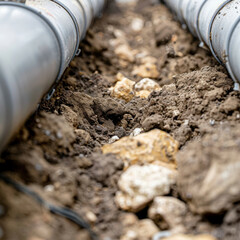 Obraz premium Closeup of soil being removed to reveal rocky terrain, showcasing texture and layers of earth. image captures natural elements and process of excavation, evoking sense of discovery