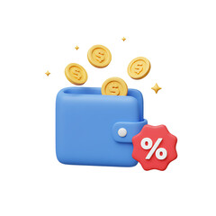 3D wallet icon with flying coins and discount tag, pastel PNG for shopping savings and finance offers
