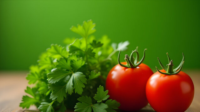 Parsley and tomatoes on wood table, blurred green background, recipe ingredient for food blog, healthy food