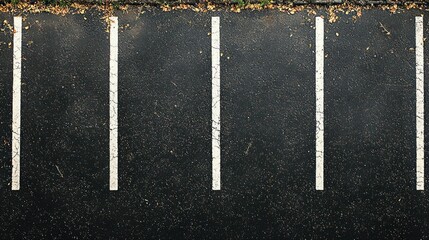Asphalt parking slots, overhead view, with leaves