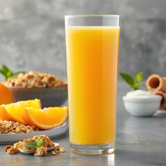 Fototapeta premium Freshly squeezed orange juice in tall glass, surrounded by granola, orange slices, and yogurt, creates vibrant and refreshing breakfast scene
