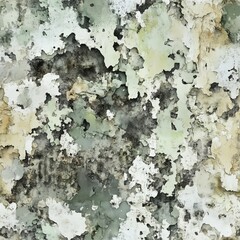 Highly detailed seamless tileable texture of a severely weathered wall with extensive peeling light green, white, and dark paint, displaying heavy grunge.