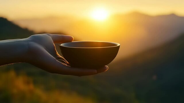Sunrise Serenity: A Hand Holding a Bowl in the Mountains