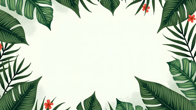 Nature background. Tropical green leaves, exotic plants, flowers, botanical border, floral banner, card design.