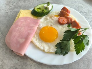 morning breakfast on white plate with fried eggs and fried sausages