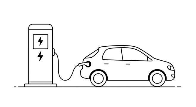 Fototapeta Electric car charging at a charging station in a minimalist line drawing style